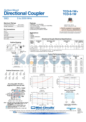 TCD-9-1W+ datasheet - Directional Coupler 50Y 5 to 2000 MHz