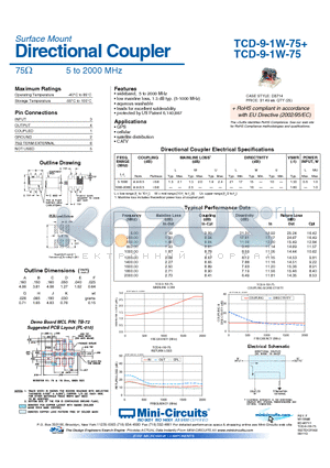 TCD-9-1W-75 datasheet - Directional Coupler 75Y 5 to 2000 MHz
