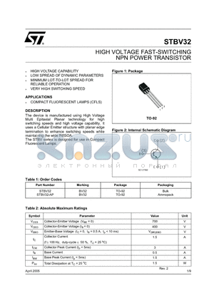 STBV32-AP datasheet - HIGH VOLTAGE FAST-SWITCHING NPN POWER TRANSISTOR