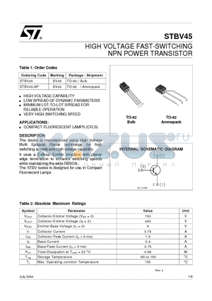 STBV45 datasheet - HIGH VOLTAGE FAST-SWITCHING NPN POWER TRANSISTOR