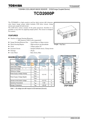 TCD2000P datasheet - TOSHIBA CCD LINEAR IMAGE SENSOR CCD(Charge Coupled Device)