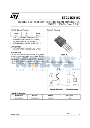 STC03DE150 datasheet - HYBRID EMITTER SWITCHED BIPOLAR TRANSISTOR ESBT 1500 V - 3 A - 0.55 ohm