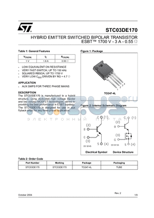 STC03DE170 datasheet - HYBRID EMITTER SWITCHED BIPOLAR TRANSISTOR ESBT 1700 V - 3 A - 0.55 Ohm