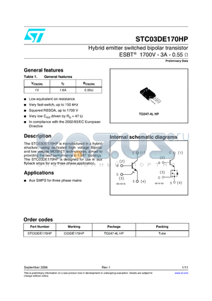 STC03DE170HP datasheet - Hybrid emitter switched bipolar transistor ESBT 1700V - 3A - 0.55OHM