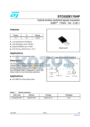 STC03DE170HP_07 datasheet - Hybrid emitter switched bipolar transistor ESBT^ 1700V - 3A - 0.33 W