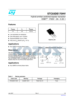 STC03DE170HV_07 datasheet - Hybrid emitter switched bipolar transistor ESBT^ 1700V - 3A - 0.33 W
