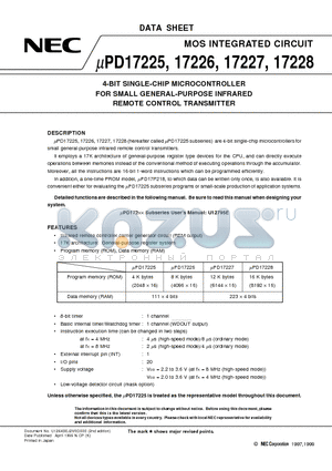 UPD17225MC datasheet - 4-BIT SINGLE-CHIP MICROCONTROLLER FOR SMALL GENERAL-PURPOSE INFRARED REMOTE CONTROL TRANSMITTER