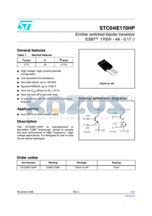 STC04IE170HP datasheet - Emitter switched bipolar transistor ESBT 1700V - 4A - 0.17OHM