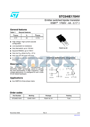 STC04IE170HV datasheet - Emitter switched bipolar transistor ESBT 1700V - 4A - 0.17