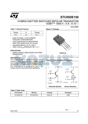 STC05DE150 datasheet - HYBRID EMITTER SWITCHED BIPOLAR TRANSISTOR ESBT 1500 V - 5 A - 0.10 ohm