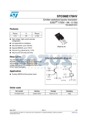 STC06IE170HV datasheet - Emitter switched bipolar transistor ESBT 1700V - 4A - 0.17