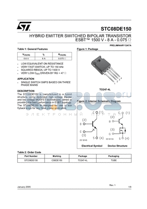 STC08DE150 datasheet - HYBRID EMITTER SWITCHED BIPOLAR TRANSISTOR ESBT 1500 V - 8 A - 0.075 OHM