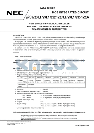 UPD17230MC datasheet - 4-BIT SINGLE-CHIP MICROCONTROLLER FOR SMALL GENERAL-PURPOSE INFRARED REMOTE CONTROL TRANSMITTER