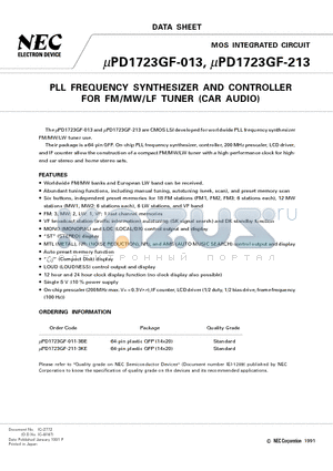 UPD1723GF-213 datasheet - PLL FREQUENCY SYNTHESIZER AND CONTROLLER FOR FM/MW/LF TUNER CAR AUDIO