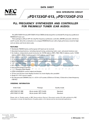 UPD1723GF-211-3KE datasheet - PLL FREQUENCY SYNTHESIZER AND CONTROLLER FOR FM/MW/LF TUNER CAR AUDIO