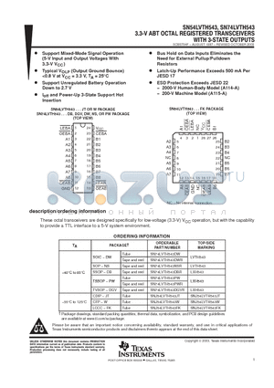 SN74LVTH543DWR datasheet - 3.3 V ABT OCTAL REGISTERED TRANSCEIVERS WITH 3 STATE OUTPUTS