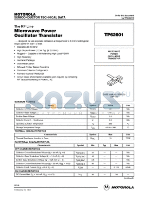 TP62601 datasheet - MICROWAVE POWER OSCILLATOR TRANSISTOR