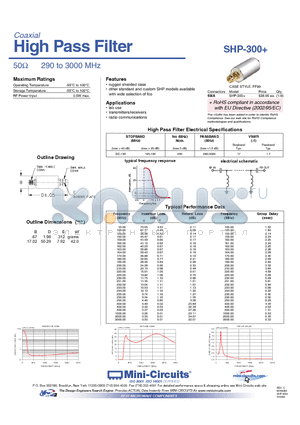SHP-300 datasheet - High Pass Filter 50Y 290 to 3000 MHz