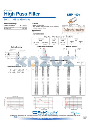 SHP-400+ datasheet - SpecificationsHigh 50Y 395 to 3200 MHz