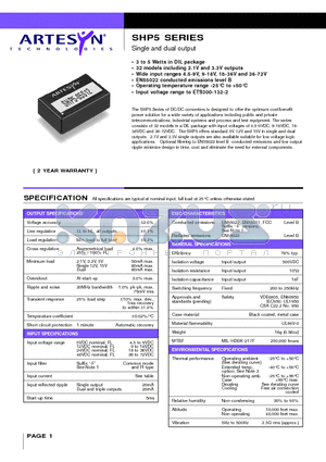 SHP5-05D12 datasheet - Single and dual output 3 to 5 Watt Wide input DC/DC converters