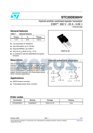 STC20DE90HV datasheet - Hybrid emitter switched bipolar transistor ESBT 900V - 20A - 0.06 ohm