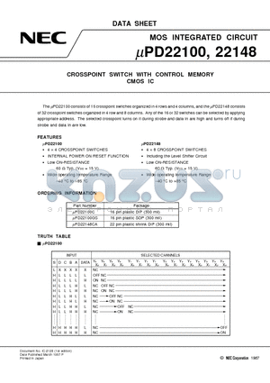 UPD22100GS datasheet - CROSSPOINT SWITCH WITH CONTROL MEMORY CMOS IC