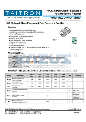 TCDR1VW datasheet - 1.0A Sintered Glass Passivated Fast Recovery Rectifier