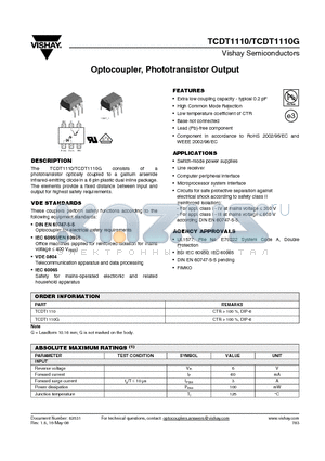 TCDT1110 datasheet - Optocoupler, Phototransistor Output