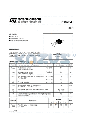 S1625NH datasheet - The S16xxxH series of SCRs uses a high performance MESA GLASS PNPN technology.