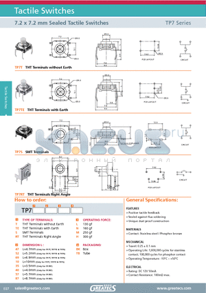 TP7RT47LBK datasheet - 7.2 x 7.2 mm Sealed Tactile Switches