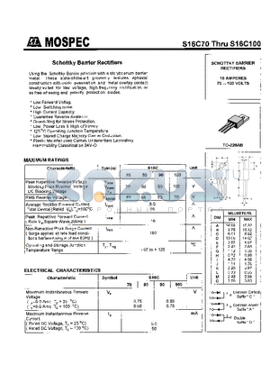 S16C100 datasheet - SCHOTTKY BARRIER RECTIFIERS(16A,70-100V)