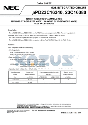 UPD23C16380F9-BC3 datasheet - 16M-BIT MASK-PROGRAMMABLE ROM 2M-WORD BY 8-BIT (BYTE MODE) / 1M-WORD BY 16-BIT (WORD MODE) PAGE ACCESS MODE