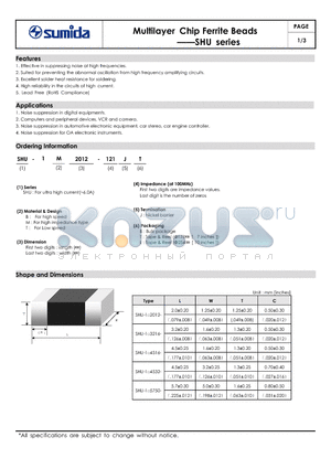 SHU-1M2012-121 datasheet - Multilayer Chip Ferrite Beads