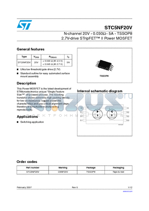 STC5NF20V_07 datasheet - N-channel 20V - 0.030ohm - 5A - TSSOP8 2.7V-drive STripFET TM ll Power MOSFET