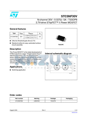 STC5NF30V datasheet - N-channel 30V - 0.027Y - 5A - TSSOP8 2.7V-drive STripFET II Power MOSFET