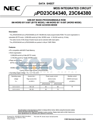 UPD23C64380F9-BC3 datasheet - 64M-BIT MASK-PROGRAMMABLE ROM 8M-WORD BY 8-BIT (BYTE MODE) / 4M-WORD BY 16-BIT (WORD MODE) PAGE ACCESS MODE