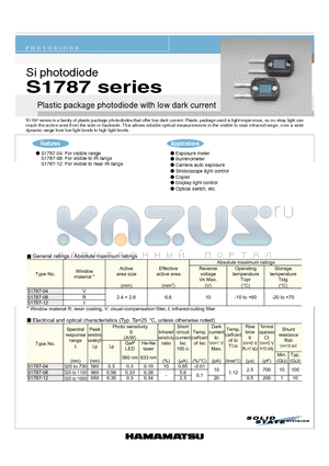 S1787-08 datasheet - Si photodiode Plastic package photodiode with low dark current