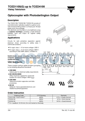 TCED1100 datasheet - Optocoupler with Photodarlington Output