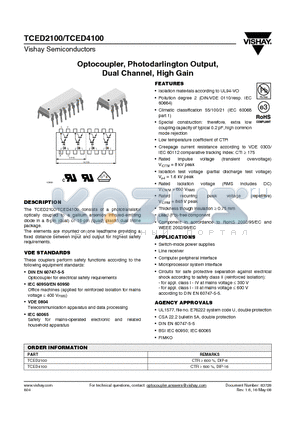 TCED2100 datasheet - Optocoupler, Photodarlington Output, Dual Channel, High Gain