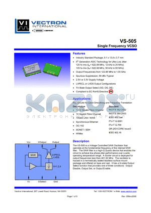 VS-505-LGF-GBBN datasheet - Single Frequency VCSO