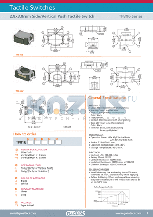 TP816SLAGTR datasheet - 2.8x3.8mm Side/Vertical Push Tactile Switch