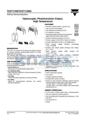 TCET1101 datasheet - Optocoupler, Phototransistor Output, High Temperarure