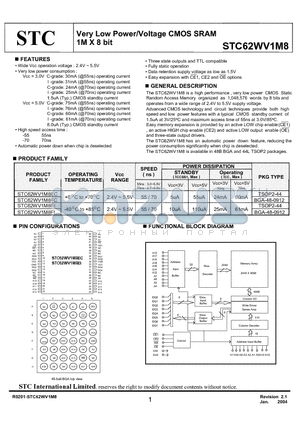 STC62WV1M8EC datasheet - Very Low Power/Voltage CMOS SRAM 1M X 8 bit
