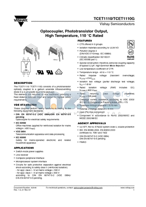 TCET1110_07 datasheet - Optocoupler, Phototransistor Output, High Temperature, 110 `C Rated