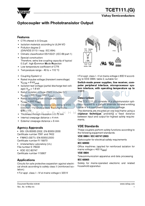 TCET1111 datasheet - Optocoupler with Phototransistor Output