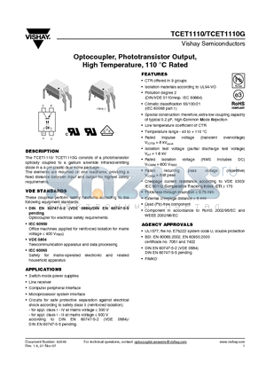 TCET1110 datasheet - Optocoupler, Phototransistor Output, High Temperature, 110 `C Rated