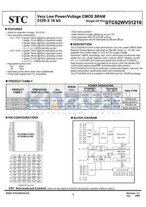 STC62WV51216ECG55 datasheet - Very Low Power/Voltage CMOS SRAM