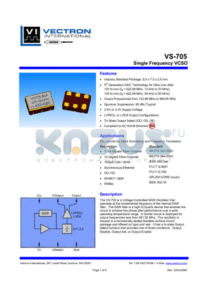 VS-705 datasheet - Single Frequency VCSO