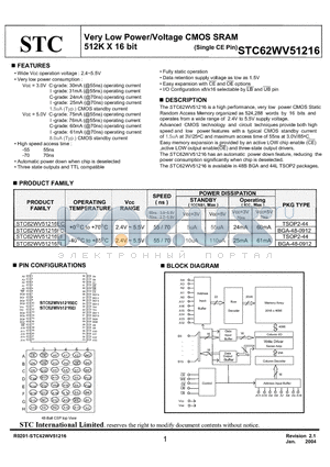 STC62WV51216EIPO70 datasheet - Very Low Power/Voltage CMOS SRAM