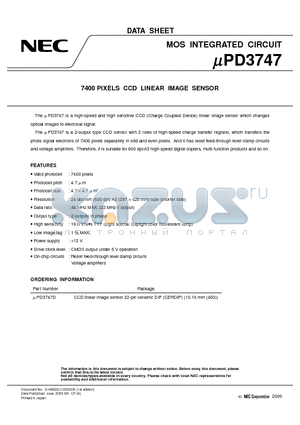 UPD3747 datasheet - 7400 PIXELS CCD LINEAR IMAGE SENSOR